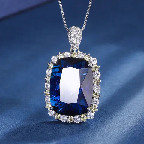 Luxury Gold Plated Copper Rectangle Rhinestone Pendant Necklace Geometric Inlaid Emerald Green Sapphire Blue Ring Jewelry Set For Women Banquet