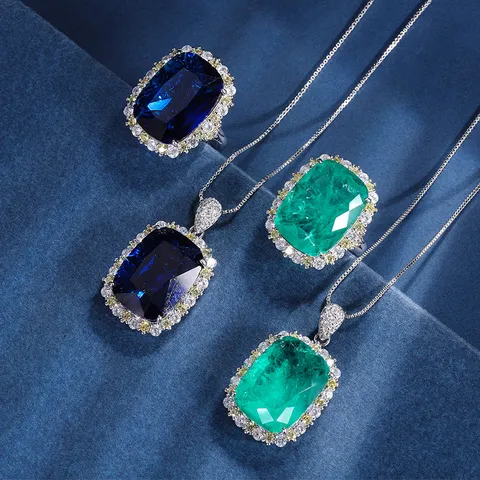Luxury Gold Plated Copper Rectangle Rhinestone Pendant Necklace Geometric Inlaid Emerald Green Sapphire Blue Ring Jewelry Set For Women Banquet