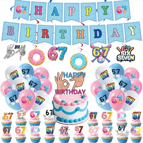 Number 67 Birthday Party Decoration Set Blue Pink Donut Theme Banner Balloons Cake Toppers For 67th Anniversary Birthday Decor