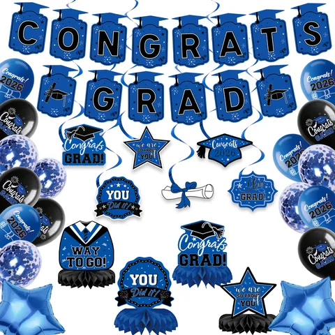 Abschlussfeier 2026 Party Deko Set Congrats Grad Banner Hängende Spiralen Waben Ornamente Luftballons Feierzubehör