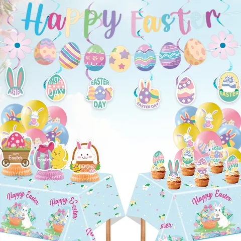 Fröhliche Ostern Party Deko Zubehör Hase Ei Banner Kuchen Aufsatz Hängende Wirbel Tischdecke Luftballons Für Festliche Event Deko