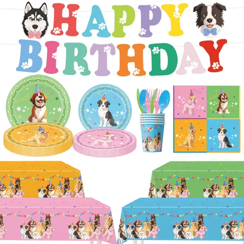 Cartoon Hund Geburtstagsparty Zubehör Set Einweggeschirr Pappteller Tassen Servietten Banner Tischdecke Kuchendeckel Deko