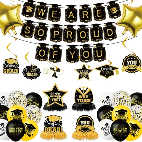Abschlussfeier 2026 Party Deko Set Congrats Grad Banner Hängende Spiralen Waben Ornamente Luftballons Feierzubehör