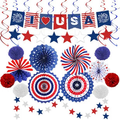 Red White Blue American Independence Day Party Decorations Banner Paper Fans Pom Poms Hanging Swirls For July Fourth Celebration