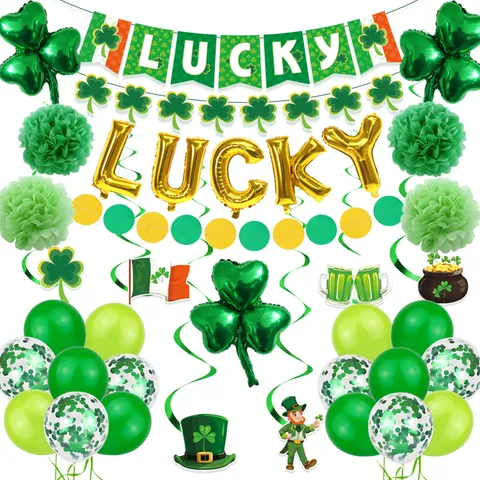 St. Patrick's Day Party Dekorationen Lucky Shamrock Banner Grün Gold Folienballons Papierfächer Irische Festival Deko