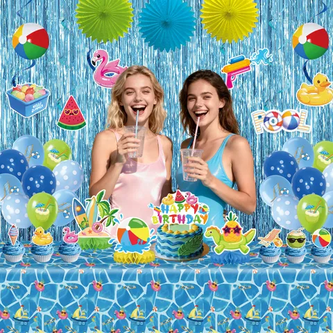Summer Pool Party Decorations Tropical Beach Theme Birthday Banner Cake Toppers Balloons Tablecloth Fringe Curtains Props