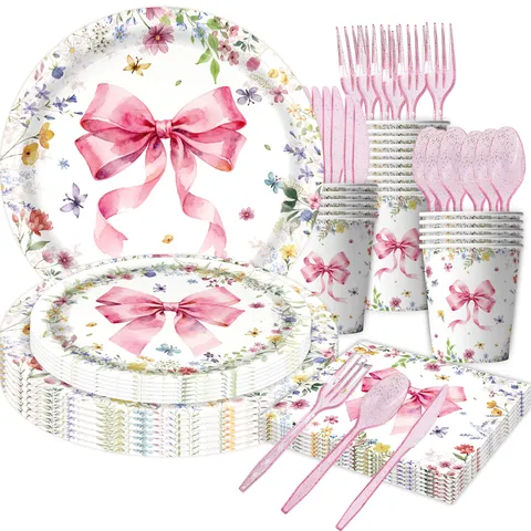 Bloemen Strik Thema Feest Decoratie Papieren Borden Bekers Servetten Set Aquarel Roze Strik Servies Voor Verjaardagsfeest