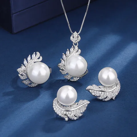 Korean Style Copper Zirconia Feather Shape Pendant Necklace Earring Ring Individual Fashion Piece Artificial Pearl Elegant Elegant Design Jewelry For Women