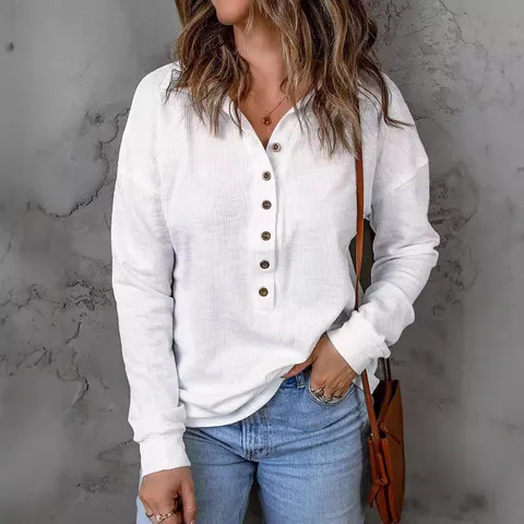 Damen Casual Einfarbig Langarm Umlegekragen Einreiher Lose Strick Top Mode Alltag Pullover Bluse