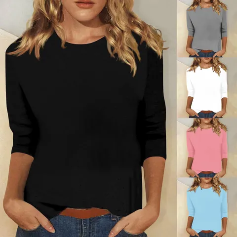 Women's Autumn Winter Casual Polyester Crew Neck 3/4 Sleeve Solid Color T-Shirt Basic Regular Fit Pullover Top