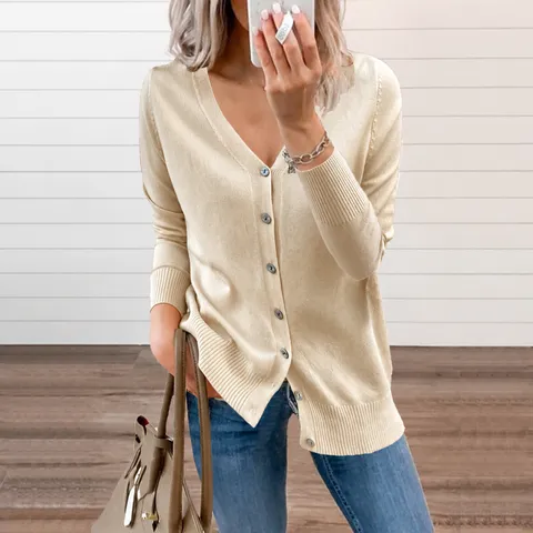 Dames Casual V-hals Lange Mouw Single-Breasted Cardigan Herfst Winter Effen Kleur Gebreide Trui Bovenkleding
