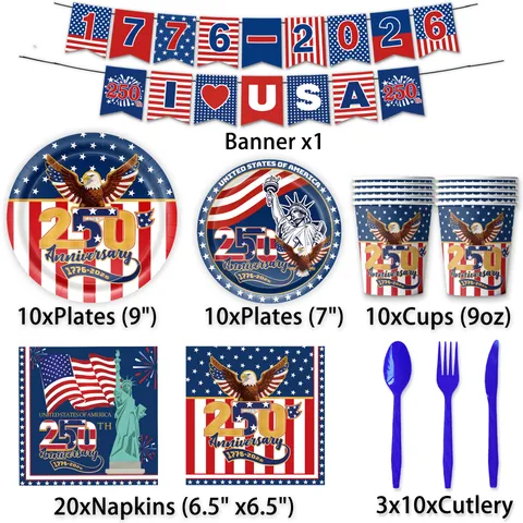 USA 250. Jahrestag Unabhängigkeitstag Patriotisches Partygeschirr-Set Einweg-Papierteller Tassen Servietten Tischdecke Banner Für 4. Juli Feier Rot Weiß Blau Sterne Streifen Dekor