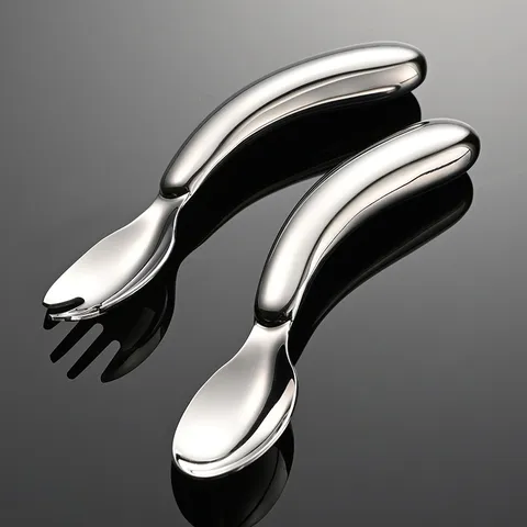 Children Stainless Steel Bent Handle Spoon Fork Infant Baby Self Feeding Training Tableware Ergonomic Design
