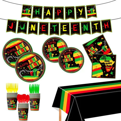 Juneteenth Party Supplies Set Happy Emancipation Day Decorations Banner Paper Plates Napkins Tablecloth Pan-African Colors Freedom Celebration Tableware Decor