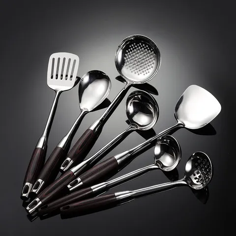 Stainless Steel Cooking Utensils 316 Stainless Steel Spatula Soup Spoon Kitchen Cooking Tool Wooden Handle Heat Resistant Modern