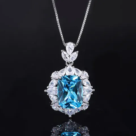 Western Retro Simulated Topaz Blue Pendant Necklace Ring Copper Gold Plated Rhinestone Jewelry For Women Banquet