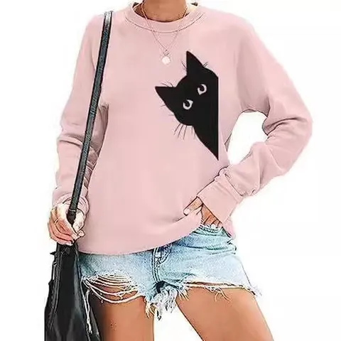 Dames Casual Chenille Ronde Hals Lange Mouw Sweatshirt Schattige Zwarte Kat Print Pullover Top Mode Dagelijks