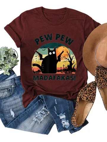 Camiseta de Mezcla de Modal Casual para Mujer Estampado de Gato Divertido Cuello Redondo Top de Manga Corta Moda Verano