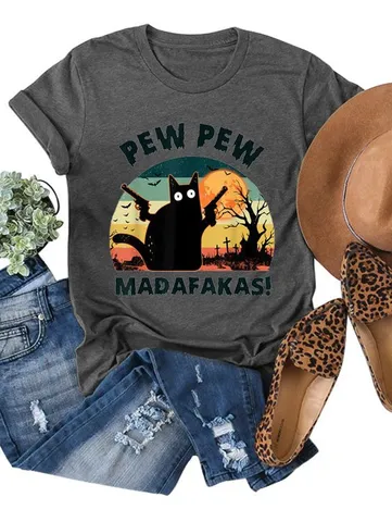 Camiseta de Mezcla de Modal Casual para Mujer Estampado de Gato Divertido Cuello Redondo Top de Manga Corta Moda Verano