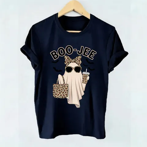 Women's Vintage Halloween Ghost Print Short Sleeve T-Shirt Casual Crew Neck Combed Cotton Basic Summer Tee Top