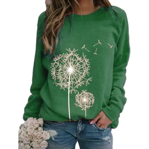 Dames Casual Lange Mouw Ronde Hals Trui Sweatshirt Paardenbloem Print Losse Pasvorm Herfst Winter Basis Top