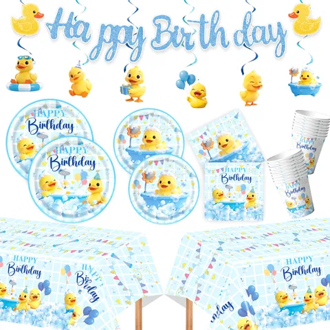 Süße Cartoon Gelbe Ente Thema Kinder Geburtstag Party Dekoration Zubehör Pappteller Becher Servietten Tischdecke Banner Set