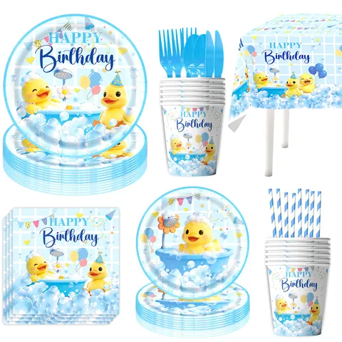 Süße Cartoon Gelbe Ente Thema Kinder Geburtstag Party Dekoration Zubehör Pappteller Becher Servietten Tischdecke Banner Set