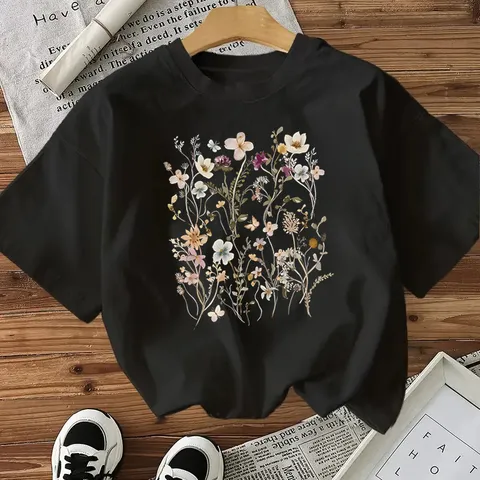 Dames Casual Katoen Korte Mouw T-Shirt Losse Ronde Hals Botanisch Bloemen Bedrukt Basis Top