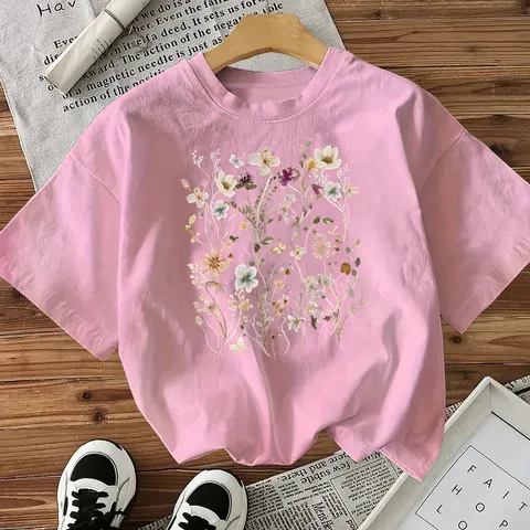 Dames Casual Katoen Korte Mouw T-Shirt Losse Ronde Hals Botanisch Bloemen Bedrukt Basis Top