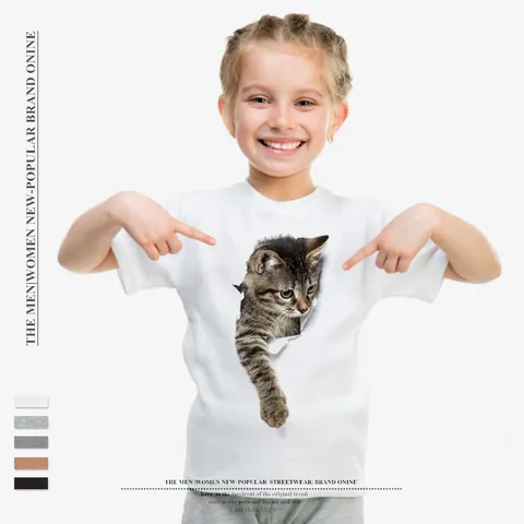 Παιδικό Καλοκαιρινό T-Shirt Κοντό Μανίκι Casual Στρογγυλή Λαιμόκοψη Μείγμα Βαμβακιού Χαριτωμένη Εκτύπωση Γάτας Top Για Παιδιά Αγόρια Κορίτσια Ρούχα