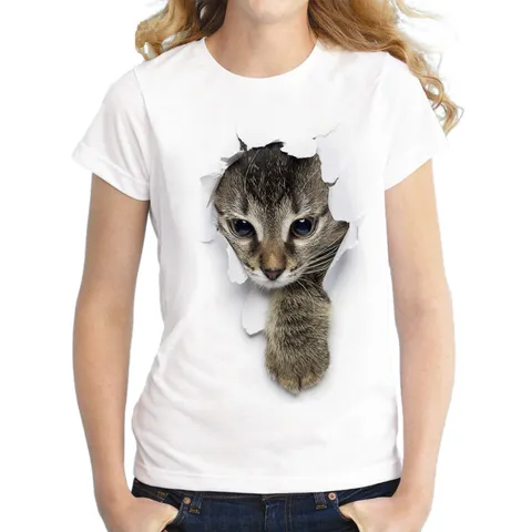 Femmes Casual Mélange de Coton T-Shirt 3D Mignon Chat Imprimé Graphique Manches Courtes Col Rond Ample Basique Été Tee Top