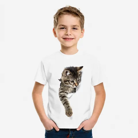 Παιδικό Καλοκαιρινό T-Shirt Κοντό Μανίκι Casual Στρογγυλή Λαιμόκοψη Μείγμα Βαμβακιού Χαριτωμένη Εκτύπωση Γάτας Top Για Παιδιά Αγόρια Κορίτσια Ρούχα