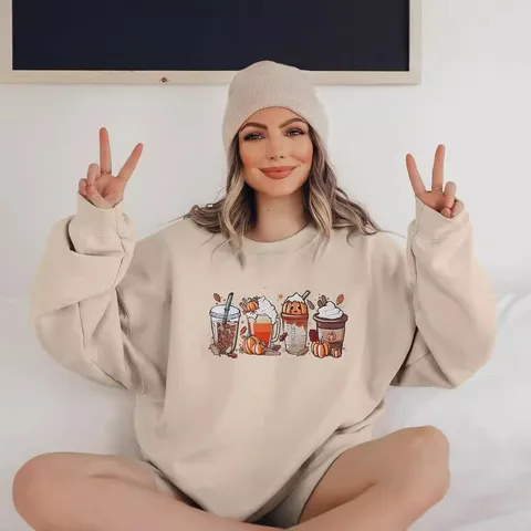 Dames Casual Lange Mouw Ronde Hals Sweatshirt Halloween Pompoen Koffie Print Trui Top Herfst Mode Grafische Tops