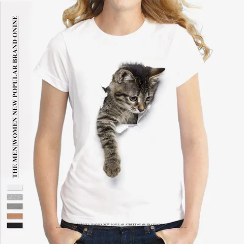 Femmes Casual Mélange de Coton T-Shirt 3D Mignon Chat Imprimé Graphique Manches Courtes Col Rond Ample Basique Été Tee Top
