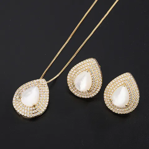 Elegante Set De Joyería De Cobre Chapado En Oro En Forma De Gota De Agua Con Incrustación De Nácar Collar Con Colgante Pendientes De Botón De Micro Pavé Strass Para Mujer Joyas De Fiesta