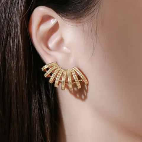 Brass Gold-Plated Layered Paperclip Chain Necklace Geometric Fan-Shaped Stud Earrings Minimalist Ins Style Women Jewelry