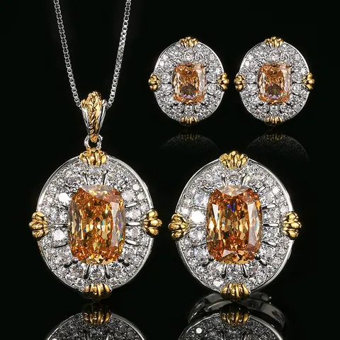 Parure de Bijoux en Laiton Plaqué Or Zirconia Taille Coussin Champagne Design Nid d'Oiseau Creux Collier Boucles d'Oreilles Bague