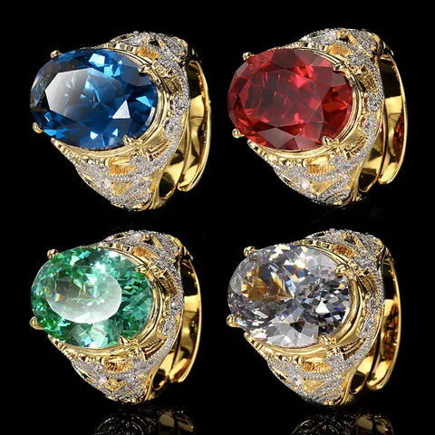 Vintage Gold Plated Copper Oval Gemstone Ring For Women Luxury Rhinestone Inlaid Green Red Blue Black Finger Ring Jewelry