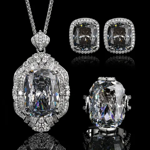 Parure de Bijoux de Luxe en Laiton Zirconia Vintage Noir Gris Nid d'Oiseau Collier Pendentif Bague Boucles d'Oreilles