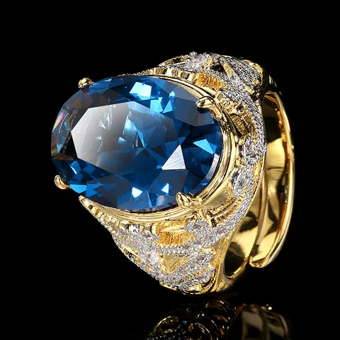 Vintage Gold Plated Copper Oval Gemstone Ring For Women Luxury Rhinestone Inlaid Green Red Blue Black Finger Ring Jewelry