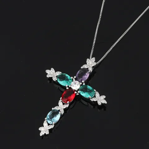 Women's Multicolor Zirconia Cross Pendant Necklace Copper Micro-inlaid Colorful Zirconia Necklace Elegant Jewelry Gift for Her