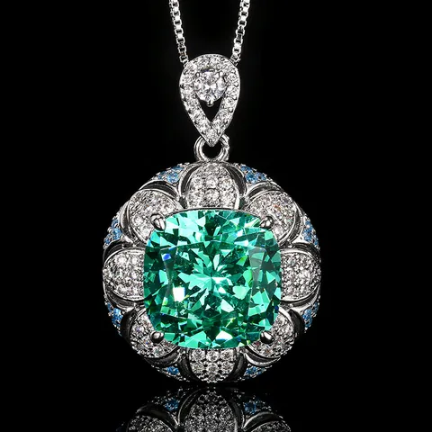 Vintage Brass Gold Plated Zirconia Jewelry Set Simulated Paraiba Green Blue Sapphire Flower Pendant Necklace Open Ring For Women Elegant Party Jewelry