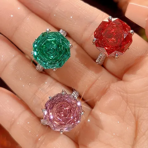 Anello Geometrico di Lusso in Rame Placcato Platino da Donna Lucido Taglio Millennium Verde Paraiba Rosso Arancio Strass Intarsiato Anello a Fascia Festa Moda Gioielli