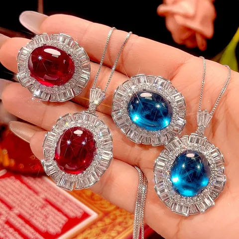 Set di Gioielli in Rame Strass Retrò per Donna Vintage Ovale Sintetico Rubino Zaffiro Ciondolo Collana Catena Veneziana Anello