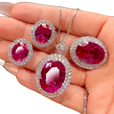 Dragon Fruit Color Corundum Jewelry Set Brass Zirconia Oval Pendant Necklace Ring Stud Earrings For Women Elegant Fashion Jewelry