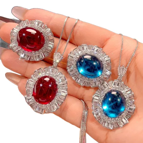 Set di Gioielli in Rame Strass Retrò per Donna Vintage Ovale Sintetico Rubino Zaffiro Ciondolo Collana Catena Veneziana Anello