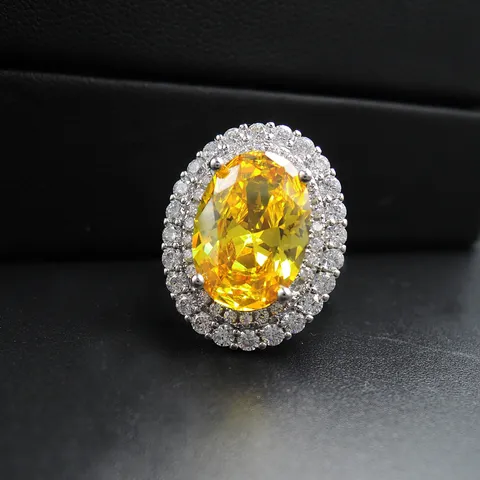 Anillo de Diamante Amarillo Simulado Ovalado de Lujo Para Mujer Cobre Blanco Diamante de Imitación Micro Incrustación Anillo Abierto