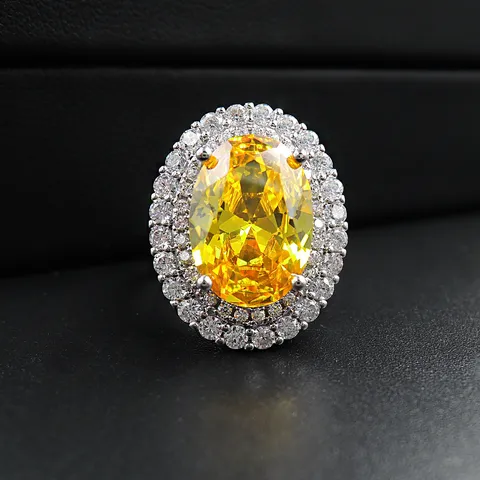 Anillo de Diamante Amarillo Simulado Ovalado de Lujo Para Mujer Cobre Blanco Diamante de Imitación Micro Incrustación Anillo Abierto