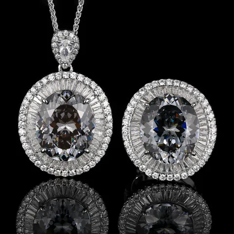 Lujoso Juego de Joyas de Latón Pavé Strass Ovalado Corte Nido Colgante Collar Anillo Chapado en Oro Elegante Regalo para Mujer