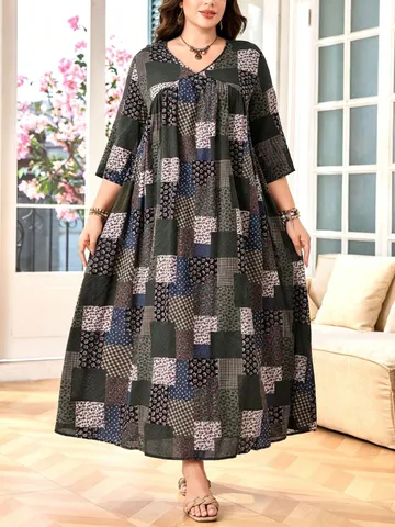 Damen Plus Size Vintage Flickwerk Druck Maxikleid Casual V-Ausschnitt Dreiviertelarm Lattes Lockeres Langes Kleid